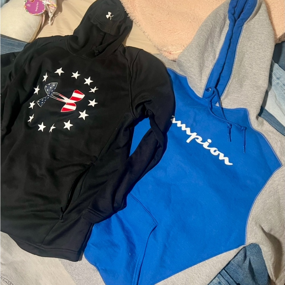 One Under Armor Navy and one Champion Blue and Gray Hoodie